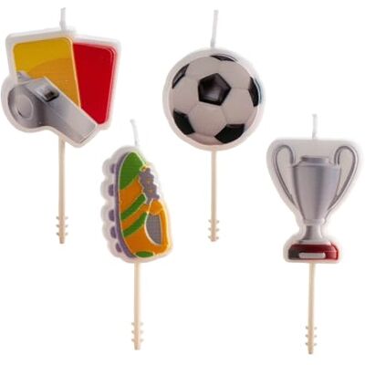 dekora Verjaardagskaarsen met voetbalthema, 8 cm, 4 unieke modellen, fluitje, beker, voetbal, laarzen, perfecte decoratie voor voetbalfans dekora Verjaardagskaarsen met voetbalthema, 8 cm, 4 unieke modellen, fluitje, beker, voetbal, laarzen, perfecte decoratie voor voetbalfans
