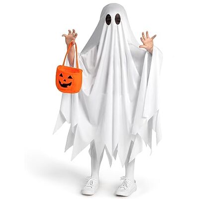 Spooktacular Creations Spookkostuum voor kinderen, stil Halloween-kostuum wit met pompoenzak voor jongens en meisjes, rollenspel, 3T Spooktacular Creations Spookkostuum voor kinderen, stil Halloween-kostuum wit met pompoenzak voor jongens en meisjes, rollenspel, 3T