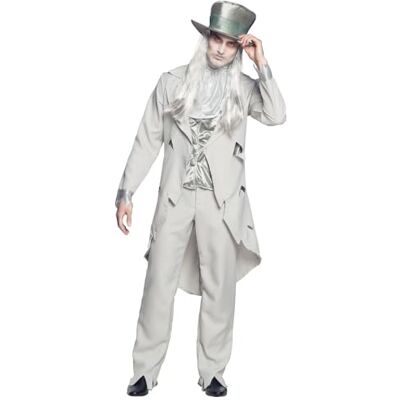 Boland Volwassen bruid spookkostuum gilet, jas, broek en jabot, carnaval set, themafeest, Halloween, wit Boland Volwassen bruid spookkostuum gilet, jas, broek en jabot, carnaval set, themafeest, Halloween, wit