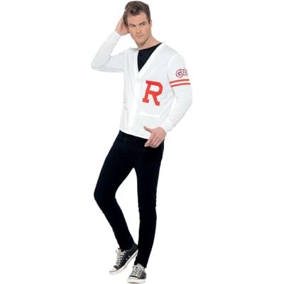 Smiffys Grease Rydell Prep Wit kostuum voor volwassenen, pullovervest, knoopsluiting, iconische letter R, officieel gelicentieerd, perfect voor groepskostuums en speelse evenementen Smiffys Grease Rydell Prep Wit kostuum voor volwassenen, pullovervest, knoopsluiting, iconische letter R, officieel gelicentieerd, perfect voor groepskostuums en speelse evenementen
