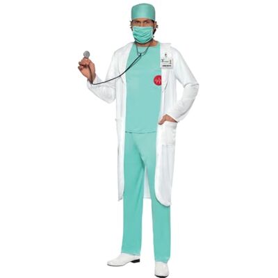 Smiffys Dokterskostuum, wit, met top, broek, hoofdtooi, masker, naambadge en blouse Smiffys Dokterskostuum, wit, met top, broek, hoofdtooi, masker, naambadge en blouse