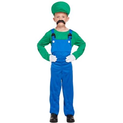 HENBRANDT Super loodgieter kostuum voor kinderen, retro jaren 80 kostuum, groen en blauw overall, snor, broer, drie maten, superwerkkostuum voor kinderen HENBRANDT Super loodgieter kostuum voor kinderen, retro jaren 80 kostuum, groen en blauw overall, snor, broer, drie maten, superwerkkostuum voor kinderen