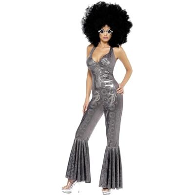 Smiffys Disco Diva kostuum, zilveren uitlopende broek jumpsuit maat 40-42 zilver Smiffys Disco Diva kostuum, zilveren uitlopende broek jumpsuit maat 40-42 zilver