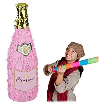 Relaxdays Pinata Verjaardag, champagnefles om op te hangen, prinses, om te vullen, feestspel, roségoud, 10031482 Relaxdays Pinata Verjaardag, champagnefles om op te hangen, prinses, om te vullen, feestspel, roségoud, 10031482