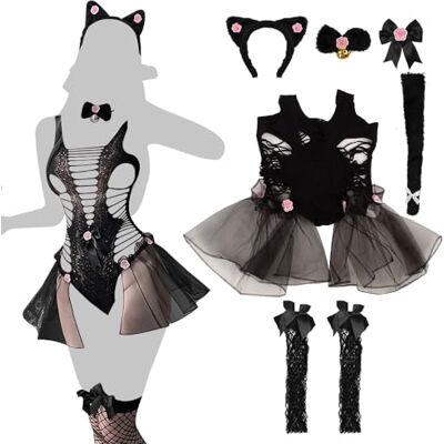 GKLWEJ Sexy kostuum voor dames, cosplay, SM-outfit, kattenkostuum met hoofdband, halsketting, staart en netkousen, zwart GKLWEJ Sexy kostuum voor dames, cosplay, SM-outfit, kattenkostuum met hoofdband, halsketting, staart en netkousen, zwart