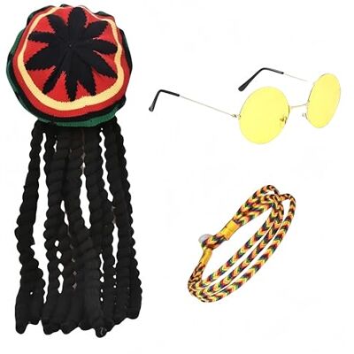 SDXCJY Authentieke Jamaicaanse rasta set met dreadlock-pruik, gele bril en gevlochten armband voor feestjes, cosplay en gemaskerd bal (kleurrijk) SDXCJY Authentieke Jamaicaanse rasta set met dreadlock-pruik, gele bril en gevlochten armband voor feestjes, cosplay en gemaskerd bal (kleurrijk)