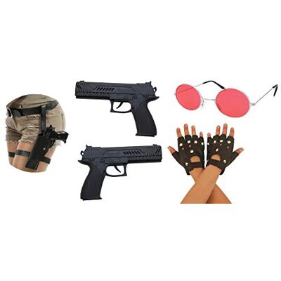 CA SE FETE Sexy dameskostuum, cosplay-accessoires, 2 x pistolen 21 cm, zwarte handschoenen, rode zonnebril, riem, holster, dubbele dijen, 6-delige set CA SE FETE Sexy dameskostuum, cosplay-accessoires, 2 x pistolen 21 cm, zwarte handschoenen, rode zonnebril, riem, holster, dubbele dijen, 6-delige set