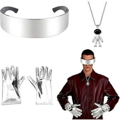 LIULINY Set van 3 astronautenkostuums met futuristische bril, zilveren buitenaardse handschoenen, hanger van roestvrij staal, voor cosplay, carnaval LIULINY Set van 3 astronautenkostuums met futuristische bril, zilveren buitenaardse handschoenen, hanger van roestvrij staal, voor cosplay, carnaval