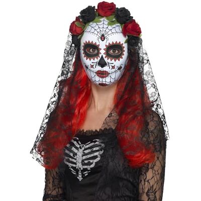Smiffys Senorita Dag van de Doden, volledig gezicht, rood en zwart met rozen en sluier, masker voor Halloween-kostuum Smiffys Senorita Dag van de Doden, volledig gezicht, rood en zwart met rozen en sluier, masker voor Halloween-kostuum