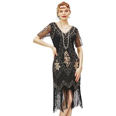 BABEYOND ArtiDeco 1920 Flapper Fringed Pailletten Jurk Brullende jaren '20 Fancy Jurk Gatsby Kostuum Jurk V-hals Vintage Kralen Avondjurk L BABEYOND ArtiDeco 1920 Flapper Fringed Pailletten Jurk Brullende jaren '20 Fancy Jurk Gatsby Kostuum Jurk V-hals Vintage Kralen Avondjurk L