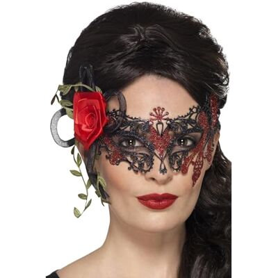 Smiffys AEC Filigraan Metallic Oogmasker Dag van de Doden, Zwart, met Rozen Smiffys AEC Filigraan Metallic Oogmasker Dag van de Doden, Zwart, met Rozen