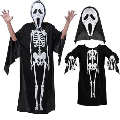 Carnavalife Skeletkostuum voor kinderen en volwassenen + Scream Crito masker + skelethandschoenen voor Halloween en carnaval, dood kostuum kinderen en volwassenen, skeletskelet (volwassenen/140 cm, Carnavalife Skeletkostuum voor kinderen en volwassenen + Scream Crito masker + skelethandschoenen voor Halloween en carnaval, dood kostuum kinderen en volwassenen, skeletskelet (volwassenen/140 cm,