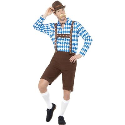Smiffys Beiers bierkostuum voor heren, blauw en bruin, met hemd en leren broek Smiffys Beiers bierkostuum voor heren, blauw en bruin, met hemd en leren broek