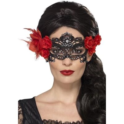 Smiffys Zwart kanten oogmasker met rozen en veren Smiffys Zwart kanten oogmasker met rozen en veren