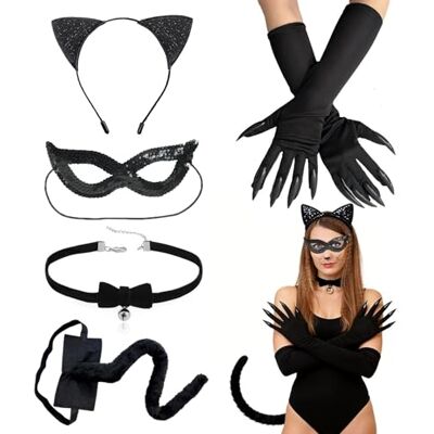 yolzhxe 5-delig kattenkostuum voor dames, volwassenen, met haarband met kattenoren, staart, halsketting, masker, handschoenen, zwart, kattenkostuum voor Halloween, carnaval, cosplay, themafeest yolzhxe 5-delig kattenkostuum voor dames, volwassenen, met haarband met kattenoren, staart, halsketting, masker, handschoenen, zwart, kattenkostuum voor Halloween, carnaval, cosplay, themafeest
