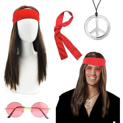 Riisoyu Set van 4 hippiekostuums, pruik, zonnebril, halsketting met hanger, hoofdband, carnaval, rok, carnavalskostuum voor heren, jaren 70 en 80, themafeest, Halloween, accessoires Riisoyu Set van 4 hippiekostuums, pruik, zonnebril, halsketting met hanger, hoofdband, carnaval, rok, carnavalskostuum voor heren, jaren 70 en 80, themafeest, Halloween, accessoires