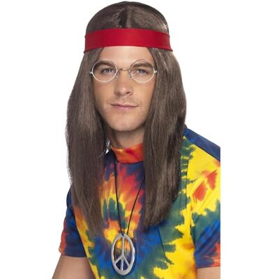 Smiffys Set voor heren, hippie, bruin, pruik, bril, medaillon met vredesteken en hoofdband Smiffys Set voor heren, hippie, bruin, pruik, bril, medaillon met vredesteken en hoofdband