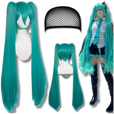 ZOLTA Hatsune Miku Pruik, 110 cm, lang, synthetisch haar, Vocaloid Anime Manga, blauwe pruik met kap voor carnaval en cosplay evenementen ZOLTA Hatsune Miku Pruik, 110 cm, lang, synthetisch haar, Vocaloid Anime Manga, blauwe pruik met kap voor carnaval en cosplay evenementen