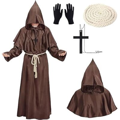 XCMVCN Middeleeuwse monniksjurk, renaissance met capuchon, kruisketting, handschoenen en trekkoord, priesterjurk, Halloween, carnaval en rollenspel, bruin, L XCMVCN Middeleeuwse monniksjurk, renaissance met capuchon, kruisketting, handschoenen en trekkoord, priesterjurk, Halloween, carnaval en rollenspel, bruin, L