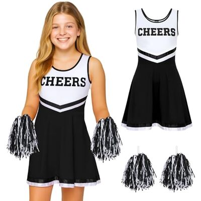 REDSTAR Cheerleaderkostuum voor meisjes, jurk met kwastjes voor Halloween en kostuumfeesten, carnavalskostuum (zwart, medium) REDSTAR Cheerleaderkostuum voor meisjes, jurk met kwastjes voor Halloween en kostuumfeesten, carnavalskostuum (zwart, medium)