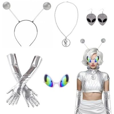 QingWing Set van 5 buitenaardse kostuums inclusief oorbellen, bril, handschoenen, halsketting en hoofdtooi, buitenaards kostuum voor dames voor Halloween en themafeesten, als foto-rekwisieten QingWing Set van 5 buitenaardse kostuums inclusief oorbellen, bril, handschoenen, halsketting en hoofdtooi, buitenaards kostuum voor dames voor Halloween en themafeesten, als foto-rekwisieten