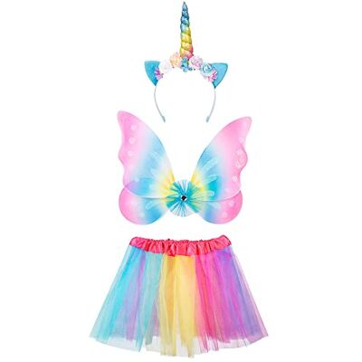 Boland 52874 Eenhoorn feeënkostuum voor kinderen, Eén maat tule rok feeënvleugels haarband met oren hoorn bloemen regenboog tutu themafeest carnaval Boland 52874 Eenhoorn feeënkostuum voor kinderen, Eén maat tule rok feeënvleugels haarband met oren hoorn bloemen regenboog tutu themafeest carnaval