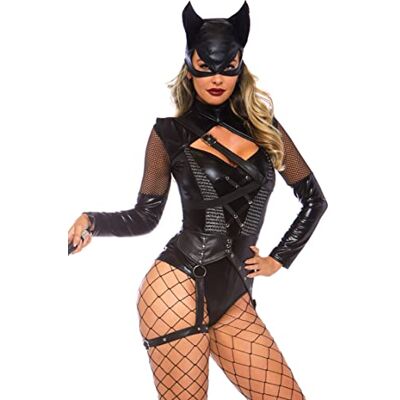 Leg Avenue Villainess Vixen 2-delig dameskostuum met bevestigde kousenband, masker met capuchon, zwart, XS Leg Avenue Villainess Vixen 2-delig dameskostuum met bevestigde kousenband, masker met capuchon, zwart, XS