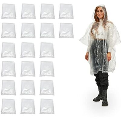 Relaxdays Lot de 20 ponchos de pluie jetables avec capuche pour adulte Poncho d'urgence pour homme et femme Transparent Relaxdays Lot de 20 ponchos de pluie jetables avec capuche pour adulte Poncho d'urgence pour homme et femme Transparent