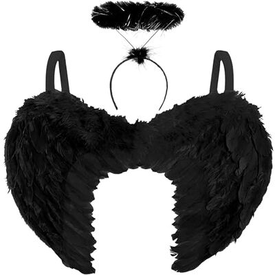 REDSTAR Fancy Dress Donker engelenkostuum, met vleugels en diadeem met aureool, zwart voor Halloween, gekostumeerd feest REDSTAR Fancy Dress Donker engelenkostuum, met vleugels en diadeem met aureool, zwart voor Halloween, gekostumeerd feest