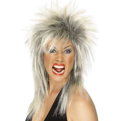 Smiffys Diva Rock pruik, twee kleuren, blond en zwart, lange nek Smiffys Diva Rock pruik, twee kleuren, blond en zwart, lange nek
