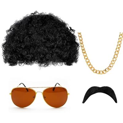 SKHAOVS Set van 4 hippie-kostuums, pruik, afro, pruik heren, accessoireset jaren 70, hippie-pruiken, zonnebril, snor en discoketting, voor feest, carnaval, Halloween, 4 SKHAOVS Set van 4 hippie-kostuums, pruik, afro, pruik heren, accessoireset jaren 70, hippie-pruiken, zonnebril, snor en discoketting, voor feest, carnaval, Halloween, 4