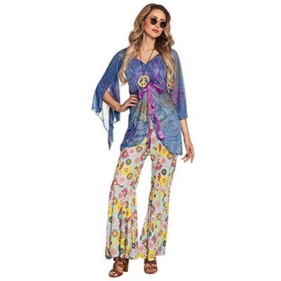Boland Kostuum voor volwassenen Flower Power Woman, broek, T-shirt en halsketting, set, carnaval, themafeest Boland Kostuum voor volwassenen Flower Power Woman, broek, T-shirt en halsketting, set, carnaval, themafeest