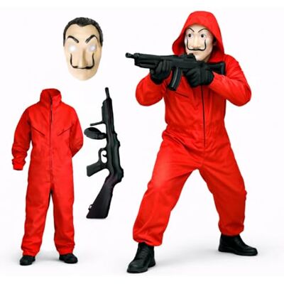 Costumed 3-delig zilveren huiskostuum met Dali-masker, opblaasbaar geweer, eenheidsmaat, rode overall voor volwassenen, uniseks, voor carnaval en Halloween (180-200 cm) Costumed 3-delig zilveren huiskostuum met Dali-masker, opblaasbaar geweer, eenheidsmaat, rode overall voor volwassenen, uniseks, voor carnaval en Halloween (180-200 cm)
