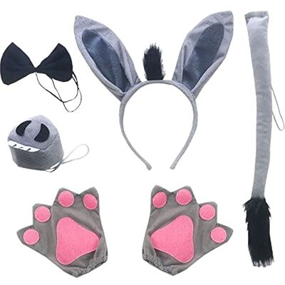 MIVAIUN 6-delige ezelkostuum accessoireset, dierenkostuumset, ezeloren, hoofdband, handschoenen, vlinderdas, staart, neus voor volwassenen en kinderen, Halloween, themafeest, MIVAIUN 6-delige ezelkostuum accessoireset, dierenkostuumset, ezeloren, hoofdband, handschoenen, vlinderdas, staart, neus voor volwassenen en kinderen, Halloween, themafeest,