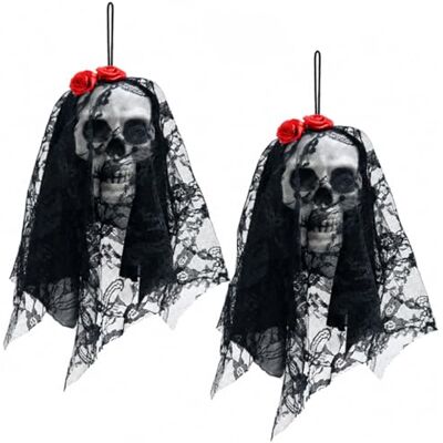 Jonami Halloween-decoratie, hangende schedel, bruid, spook, met zwarte sluier, voor deur, muur, accessoires, feest, horror, huis, 25 cm Jonami Halloween-decoratie, hangende schedel, bruid, spook, met zwarte sluier, voor deur, muur, accessoires, feest, horror, huis, 25 cm