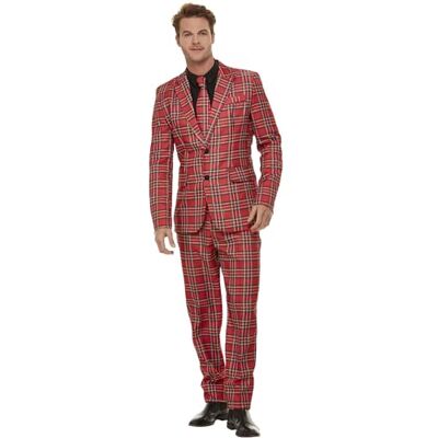 Smiffys Rood tartan kostuum met jas, broek en stropdas, kerstkostuum Smiffys Rood tartan kostuum met jas, broek en stropdas, kerstkostuum