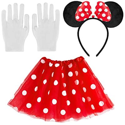 Balinco muiskostuum met tule rok + haarband met rode strik en witte stippen + witte handschoenen voor meisjes Balinco muiskostuum met tule rok + haarband met rode strik en witte stippen + witte handschoenen voor meisjes