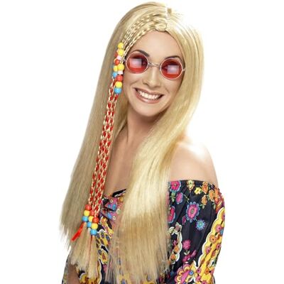Smiffys Pruik voor hippie, blond, lang haar met kleurrijke parels Smiffys Pruik voor hippie, blond, lang haar met kleurrijke parels