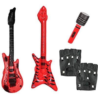 PFLYPF 4-delige punk rock partyset: opblaasbare gitaar en bas, pu-lederen handschoenen, disco heavy metal kledingaccessoires 70s-90s PFLYPF 4-delige punk rock partyset: opblaasbare gitaar en bas, pu-lederen handschoenen, disco heavy metal kledingaccessoires 70s-90s