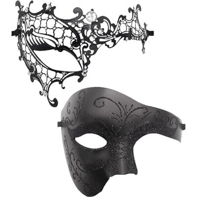 JewelryWe Venetiaans masker voor koppels, metalen masker met strass, voor mannen en vrouwen, voor Halloween, carnaval, feest, eindejaarsbal, kunststof JewelryWe Venetiaans masker voor koppels, metalen masker met strass, voor mannen en vrouwen, voor Halloween, carnaval, feest, eindejaarsbal, kunststof