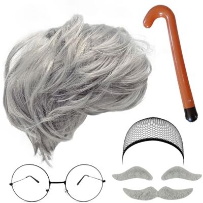 MIVAIUN Set van 8 opa kostuums pruik, snor, wenkbrauwen, pruikkap, bril, opblaasbare wandelstok kostuumaccessoires voor mannen voor feest, cosplay, shows MIVAIUN Set van 8 opa kostuums pruik, snor, wenkbrauwen, pruikkap, bril, opblaasbare wandelstok kostuumaccessoires voor mannen voor feest, cosplay, shows