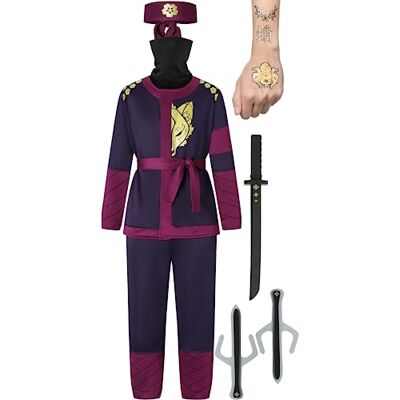 corimori Ninjakostuum voor kinderen (jongens en meisjes) met accessoires (zwaard Katana, dolken, hoofdband, masker, tatoeage), paars L (134-146) corimori Ninjakostuum voor kinderen (jongens en meisjes) met accessoires (zwaard Katana, dolken, hoofdband, masker, tatoeage), paars L (134-146)