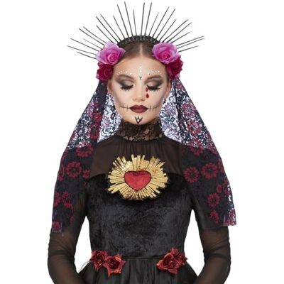 Smiffys Luxe Sunburst Dag van de Doden hoofdband met rozen en sluier, Halloween-kostuumaccessoire Smiffys Luxe Sunburst Dag van de Doden hoofdband met rozen en sluier, Halloween-kostuumaccessoire