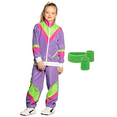 Boland Trainingsset voor kinderen, paars-groen, jaren 80 trainingspak en set van 3 zweetbanden, slechte smaak, kostuum, carnaval, themafeest Boland Trainingsset voor kinderen, paars-groen, jaren 80 trainingspak en set van 3 zweetbanden, slechte smaak, kostuum, carnaval, themafeest