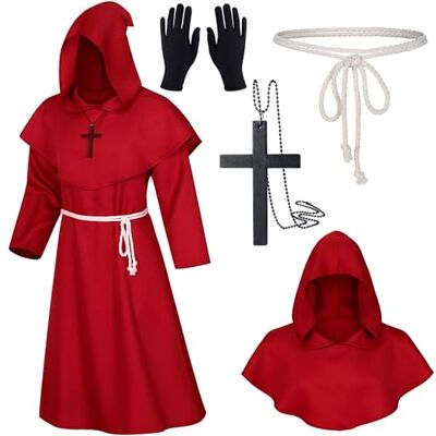 XCMVCN Middeleeuwse monniksjurk, renaissance met capuchon, halsketting met kruis, handschoenen en trekkoord, geschikt als priesterkostuum, Halloween, carnaval en rollenspel, rood, M XCMVCN Middeleeuwse monniksjurk, renaissance met capuchon, halsketting met kruis, handschoenen en trekkoord, geschikt als priesterkostuum, Halloween, carnaval en rollenspel, rood, M