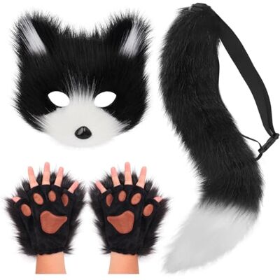 DRESHOW Vossenstaart van imitatiebont, pluche masker, kat, wolf, pluizig, Halloween, feestkostuum, handschoenen met kattenpootjes, cosplay, set voor dames DRESHOW Vossenstaart van imitatiebont, pluche masker, kat, wolf, pluizig, Halloween, feestkostuum, handschoenen met kattenpootjes, cosplay, set voor dames