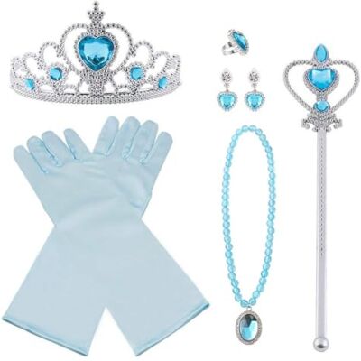 Vicloon Princess Costumes Ice Princess Set Van 9, ELSA Handschoenen, Perzik Hart Kroon, Toverstaf, Ketting, Ring, Oorbel. (Blauw) Vicloon Princess Costumes Ice Princess Set Van 9, ELSA Handschoenen, Perzik Hart Kroon, Toverstaf, Ketting, Ring, Oorbel. (Blauw)