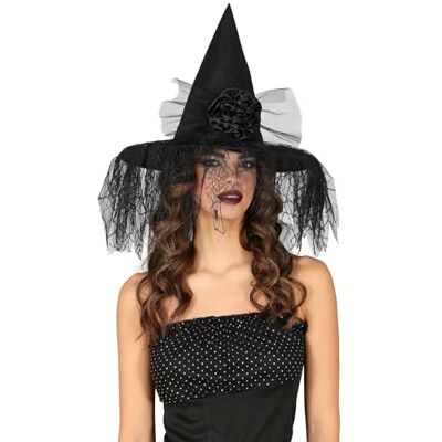 FIESTAS GUIRCA Heksenhoed met bloem (één maat), accessoires voor heksenkostuum voor Halloween en kostuumfeesten, ideaal voor dames, zwart FIESTAS GUIRCA Heksenhoed met bloem (één maat), accessoires voor heksenkostuum voor Halloween en kostuumfeesten, ideaal voor dames, zwart