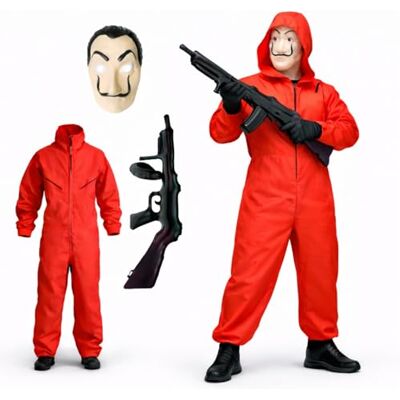 Costumed 3-delig zilveren huiskostuum met Dali-masker, opblaasbaar geweer, eenheidsmaat, rode overall voor volwassenen, uniseks, voor carnaval en Halloween (160-180 cm) Costumed 3-delig zilveren huiskostuum met Dali-masker, opblaasbaar geweer, eenheidsmaat, rode overall voor volwassenen, uniseks, voor carnaval en Halloween (160-180 cm)