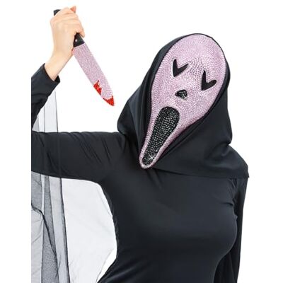 Smiffys Roze schreeuwset met sieraden, masker en mes, Halloween-kostuum voor dames, griezelige roze horrorset, kostuum voor dames, masker en accessoires voor Halloween-feestjes Smiffys Roze schreeuwset met sieraden, masker en mes, Halloween-kostuum voor dames, griezelige roze horrorset, kostuum voor dames, masker en accessoires voor Halloween-feestjes